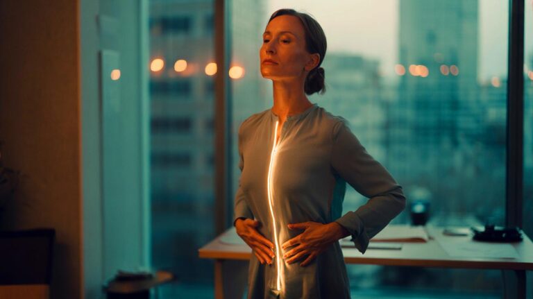 Illustration de l’auto‑grandissement diaphragmatique pratiqué debout au bureau, respiration profonde et posture alignée, pour soulager les tensions dorsales au quotidien