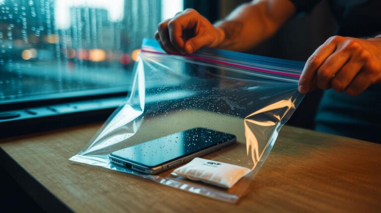 Illustration de d’un smartphone éteint placé dans un sac zippé avec un sachet de gel de silice pour le protéger de l’humidité et de la poussière