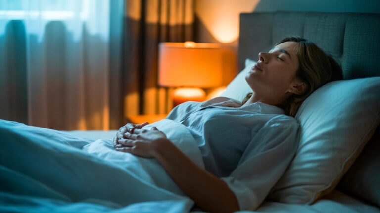 Illustration de la respiration 4‑7‑8 au coucher, une main posée sur le ventre pour favoriser un sommeil profond et réparateur