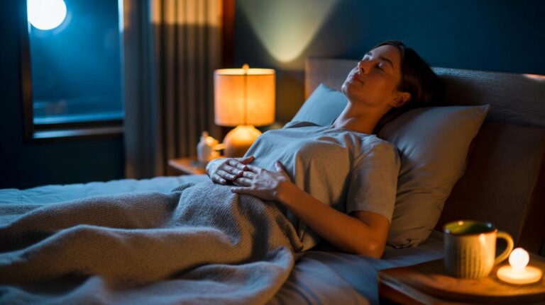 Illustration de l’auto-massage abdominal de cinq minutes avant de dormir pour améliorer la digestion et le sommeil