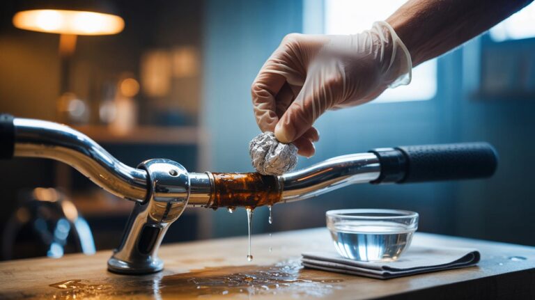 Illustration de l’élimination de la rouille avec du papier d’aluminium humide et du vinaigre sur une surface métallique