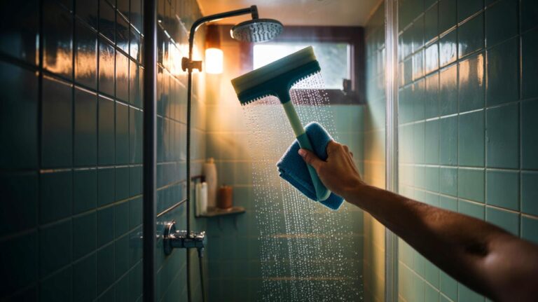 Illustration de l’utilisation d’une raclette et d’une microfibre après la douche pour empêcher la moisissure dans la salle de bain