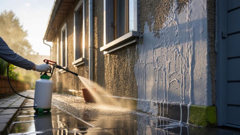 Illustration de l’application d’un hydrofuge respirant sur une façade pour empêcher le noircissement après la pluie