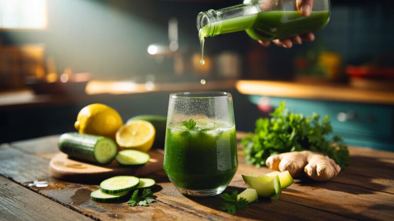 Illustration de la préparation d’un jus maison brûle-graisses à base de citron, concombre, pomme verte, gingembre et persil
