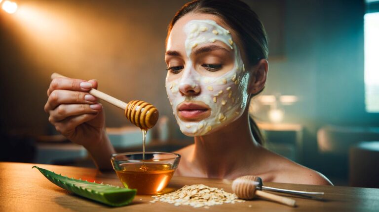 Illustration de l’application d’un masque maison lissant au yaourt, miel et avoine sur le visage