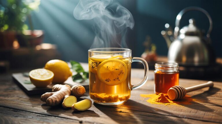 Illustration de tasse fumante de mélange chaud citron-gingembre-curcuma, avec poivre noir et miel, pour soutenir le foie