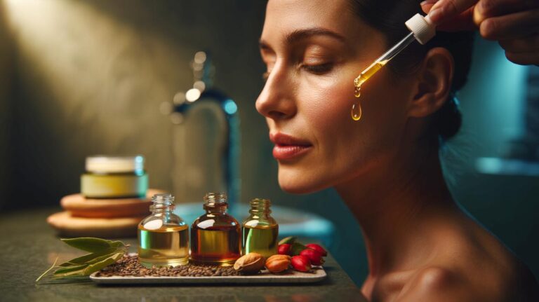Illustration du mélange de trois huiles végétales — jojoba, rose musquée et argan — nourrissant la peau mieux qu’une crème anti‑âge