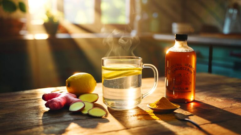 Illustration de [un verre d’eau tiède au citron, entouré de gingembre frais, de curcuma et d’un flacon de vinaigre de cidre, sur un plan de cuisine au petit matin]