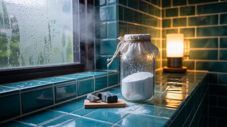 Illustration de [un bocal déshumidifiant maison au gros sel et bicarbonate, placé dans une salle de bains, pour prévenir les taches noires de moisissures]