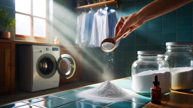 Illustration de prévention des odeurs de moisi dans les vêtements grâce à un mélange maison au bicarbonate, percarbonate et cristaux de soude, utilisé en machine à laver