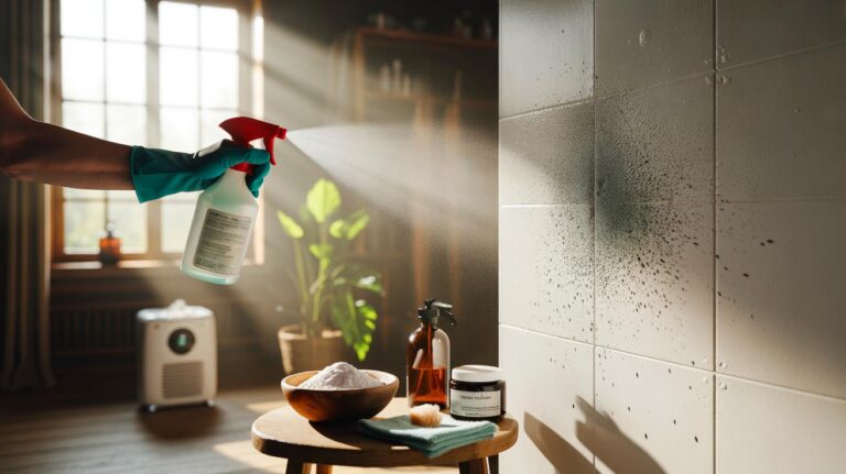 Illustration de la préparation et de l’application d’un mélange maison empêchant le retour des taches noires sur un mur intérieur