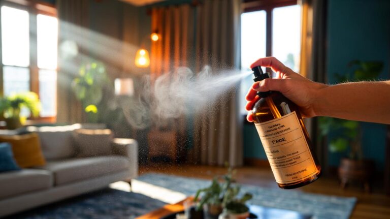 Illustration de l’utilisation d’un spray maison au vinaigre pour neutraliser l’odeur de tabac sur les textiles d’un salon