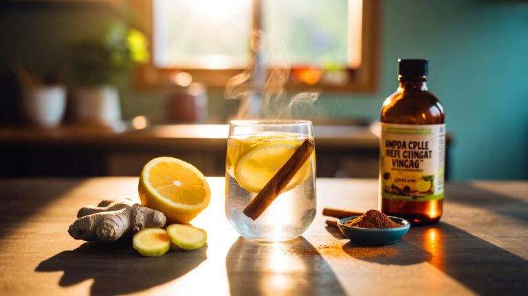 Illustration de [un verre d’eau tiède au citron, gingembre, cannelle et vinaigre de cidre, boisson matinale pour soutenir l’élimination des graisses sans régime]