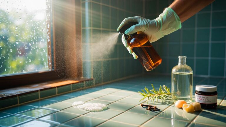 Illustration de l’application d’un mélange naturel au vinaigre, savon noir et huiles essentielles sur les joints de salle de bains pour bloquer la moisissure avant qu’elle n’apparaisse