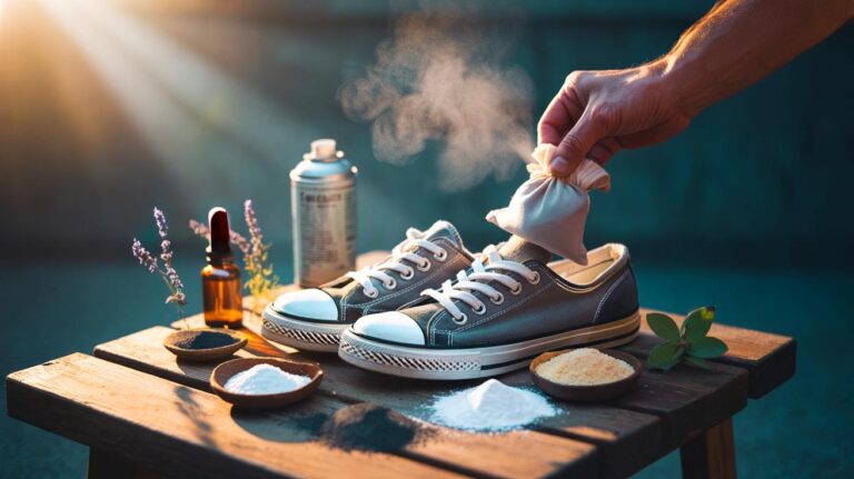 Illustration de sachets de mélange naturel au bicarbonate, fécule de maïs, charbon actif et huiles essentielles glissés dans des chaussures pour les désodoriser