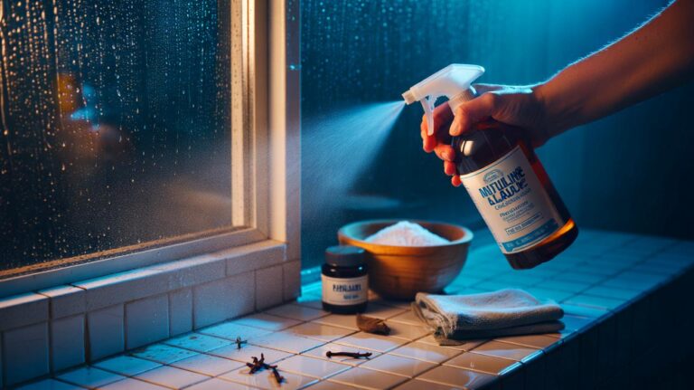 Illustration de l’application d’un mélange naturel au bicarbonate pour empêcher la moisissure de revenir après la pluie