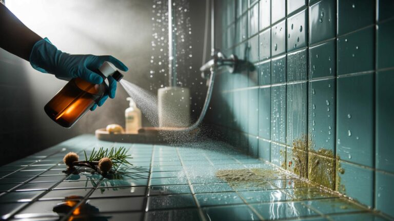 Illustration de l’application d’un spray naturel au vinaigre, tea tree et clou de girofle sur les joints d’une salle de bain humide pour empêcher le retour de la moisissure