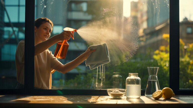Illustration de nettoyage de vitres sans traces avec un mélange naturel à base d’eau déminéralisée, de vinaigre blanc et de maïzena