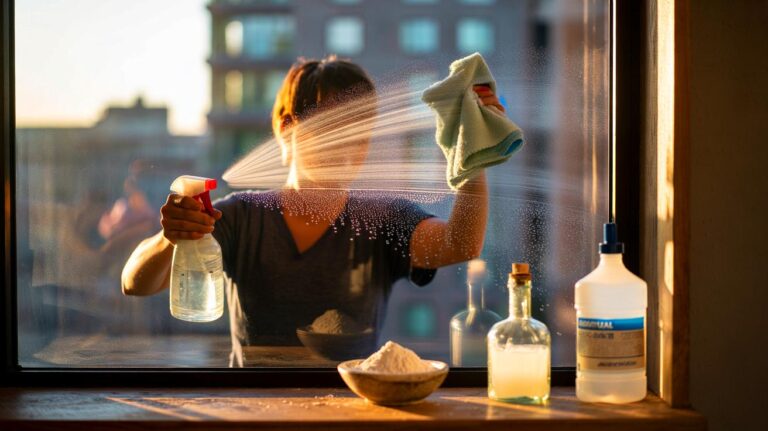 Illustration de la préparation et de l’utilisation d’un mélange naturel (vinaigre blanc, alcool, fécule de maïs) appliqué au spray et essuyé à la microfibre pour redonner de la transparence aux vitres sans effort