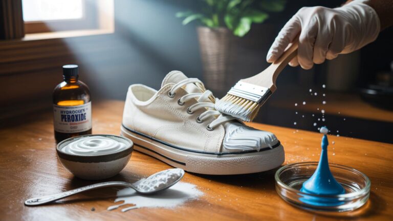 Illustration de l’application d’un mélange de bicarbonate de soude, d’eau oxygénée 3 % et de liquide vaisselle pour blanchir des chaussures en toile sales en un seul passage