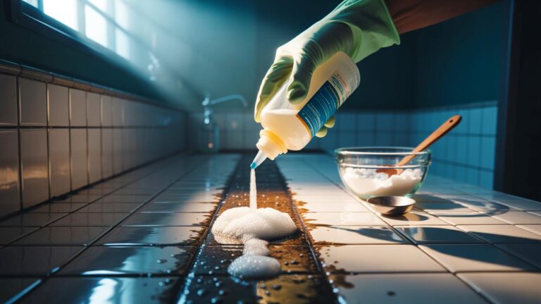 Illustration de l’utilisation du percarbonate de soude pour faire disparaître la saleté des joints de carrelage