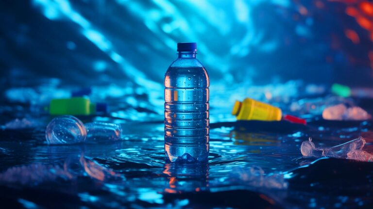 Illustration de la problématique des plastiques dans les bouteilles d'eau et leurs impacts cachés (généré par IA). Credit: Ideogram.