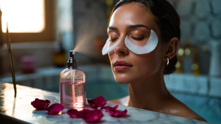 Illustration de l’eau de rose appliquée en compresses froides sur le contour des yeux pour tonifier la peau et estomper les cernes naturellement