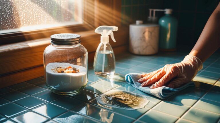 Illustration de la préparation maison au gros sel et au bicarbonate de soude, avec vinaigre blanc, pour chasser l’humidité et empêcher la moisissure de revenir