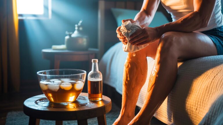 Illustration de l’application de compresses froides au vinaigre de cidre sur des jambes lourdes