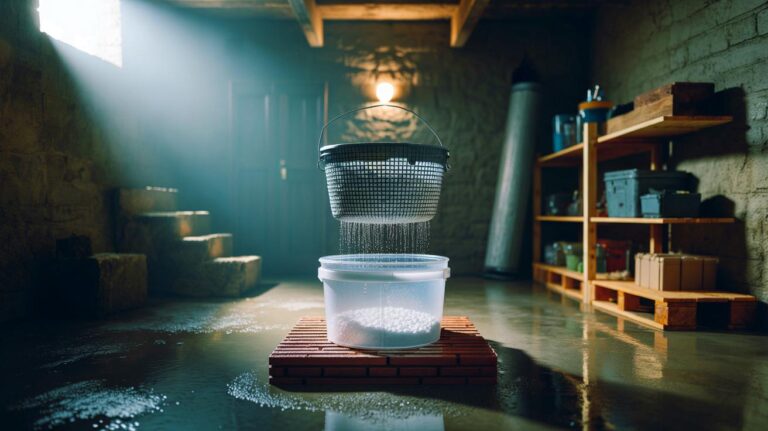 Illustration de déshumidificateur passif fait maison au chlorure de calcium, utilisé dans une cave pour capter l’humidité sans électricité