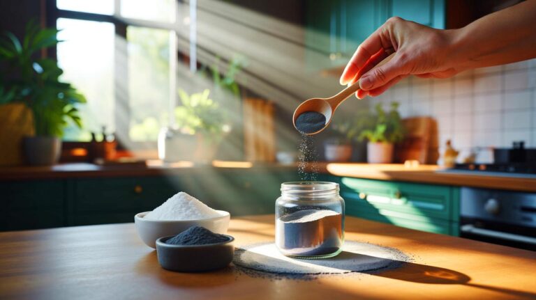 Illustration de l’utilisation d’un mélange de bicarbonate de soude et de charbon actif pour désodoriser la maison sans parfum artificiel