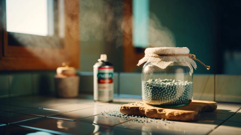 Illustration de [un bocal d’argile bentonite utilisé comme déshumidificateur naturel dans une salle de bains]