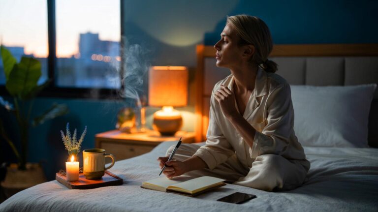 Illustration de rituel du soir qui purifie l’esprit grâce à la respiration, à l’écriture de décharge et à une lumière chaude