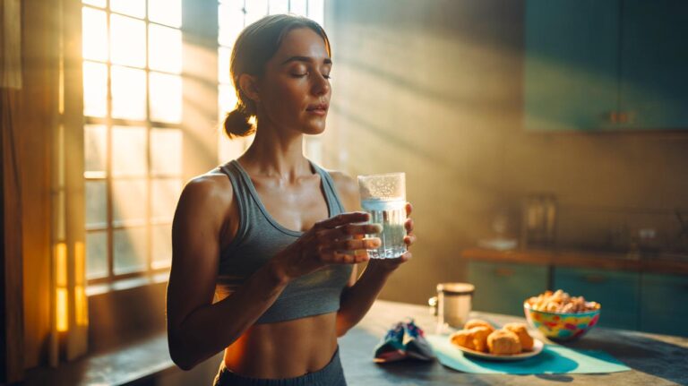 Illustration de rituel matinal en quatre gestes (lumière, eau, respiration, mouvement) procurant une énergie plus stable qu’un petit déjeuner sucré