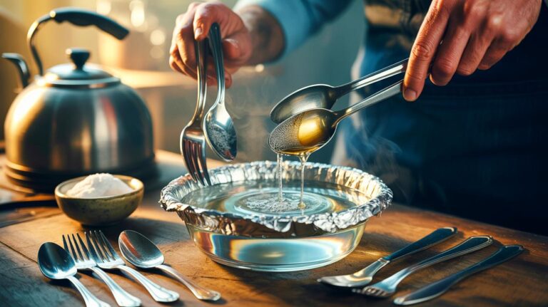 Illustration de [argenterie immergée dans un bain d’eau très chaude au bicarbonate avec feuille d’aluminium, restaurée sans frotter ni polir]
