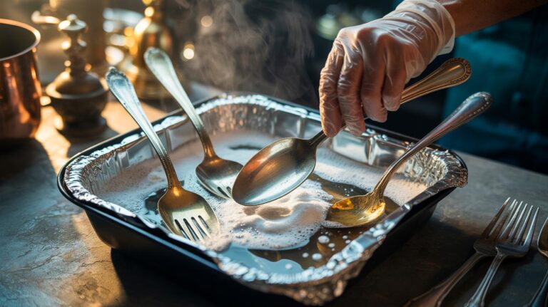 Illustration de couverts en argent ternis plongés dans un plat tapissé d’aluminium avec eau chaude et bicarbonate pour raviver l’éclat sans effort