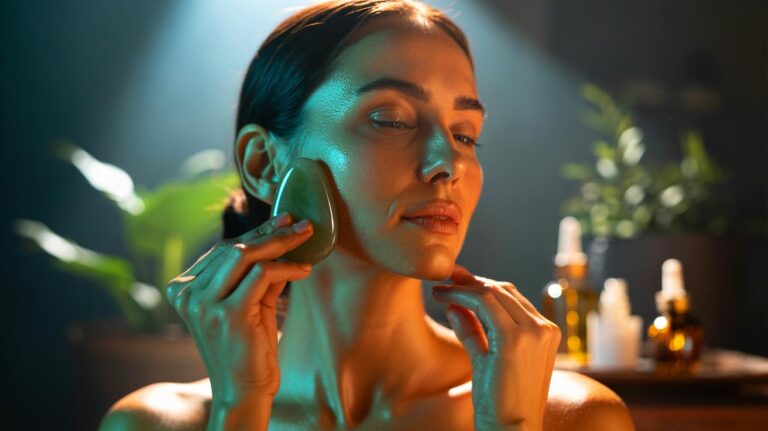 Illustration de l’utilisation d’une pierre de Gua Sha avec huile végétale pour raffermir la peau du visage