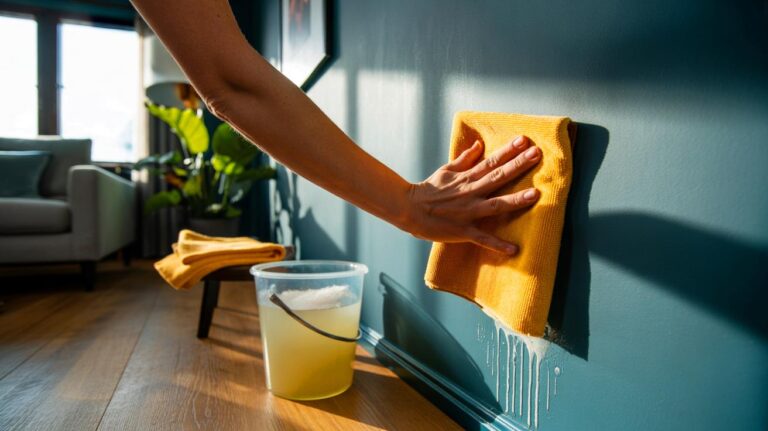 Illustration de [une personne nettoyant un mur peint avec une microfibre légèrement humidifiée et une solution douce au vinaigre, résultat impeccable sans traces]