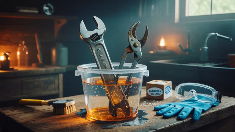 Illustration de la suppression de la rouille sur des outils anciens avec un bain à l’acide citrique