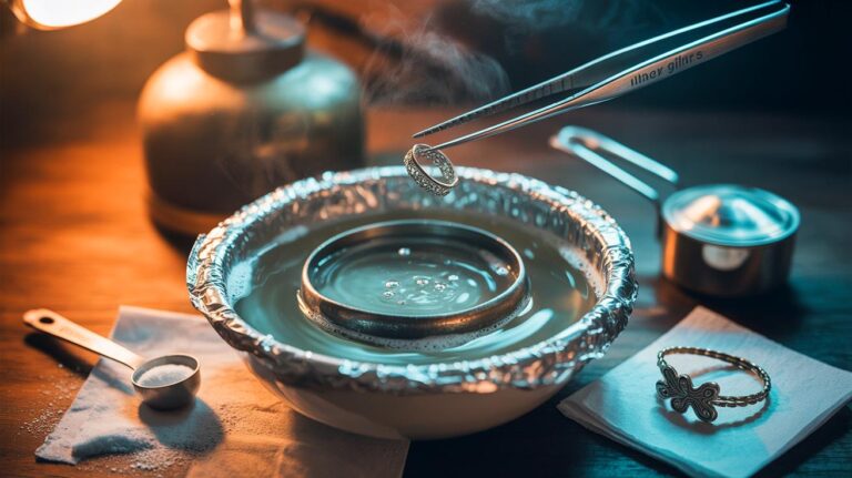 Illustration de la restauration de bijoux en argent ternis par bain électrochimique avec feuille d’aluminium, bicarbonate et eau chaude