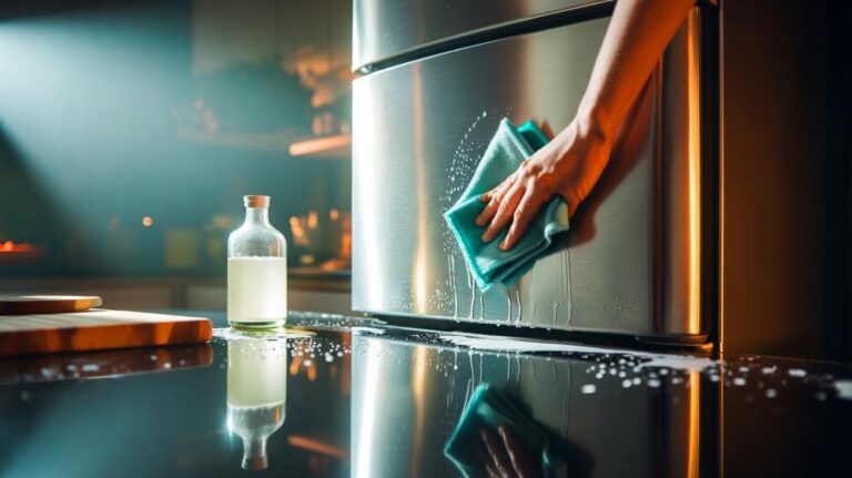 Illustration de l’utilisation de vinaigre blanc du garde-manger pour faire briller une surface en acier inoxydable avec un chiffon microfibre