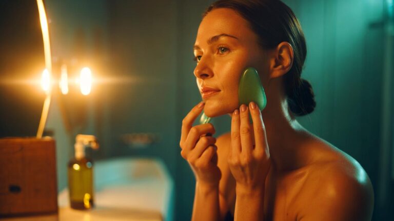 Illustration de l’utilisation d’un gua sha facial, soin ancestral non invasif pour rajeunir la peau sans injection