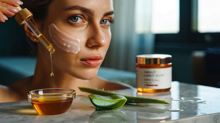 Illustration de soin naturel hydratant au miel, aloe vera et squalane, plus efficace qu’un masque de marque de luxe
