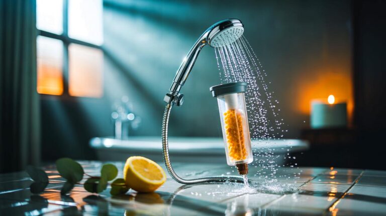 Illustration de l’ajout d’un filtre à vitamine C et arômes au pommeau de douche, plus revigorant qu’un long bain.