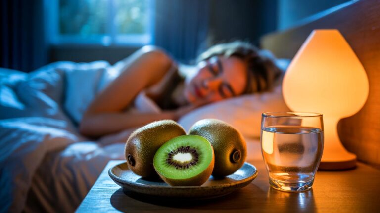 Illustration de deux kiwis consommés avant le coucher pour améliorer la qualité du sommeil dès la première nuit