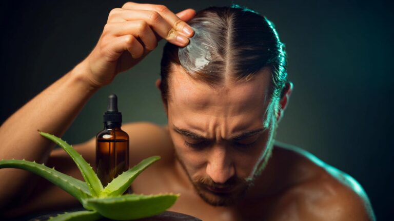 Illustration de l’application de gel d’aloe vera sur un cuir chevelu irrité