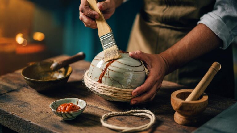 Illustration de la réparation d’ustensiles de cuisine avec de la colle de riz