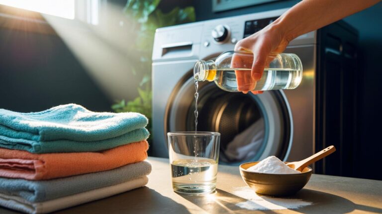 Illustration de l’astuce de grand-mère utilisant du vinaigre blanc et du bicarbonate pour empêcher les serviettes de devenir rêches au lavage
