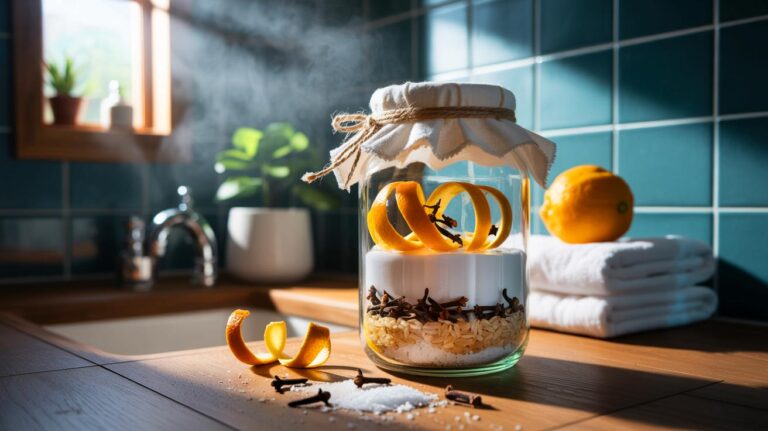 Illustration de la méthode de grand-mère avec bocal, sel, bicarbonate et zestes d’agrumes pour neutraliser les odeurs d’humidité et laisser un parfum de frais