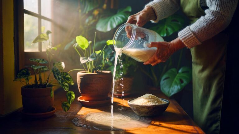 Illustration de l’astuce de grand-mère à l’eau de riz redonnant vie aux plantes d’intérieur en quelques jours